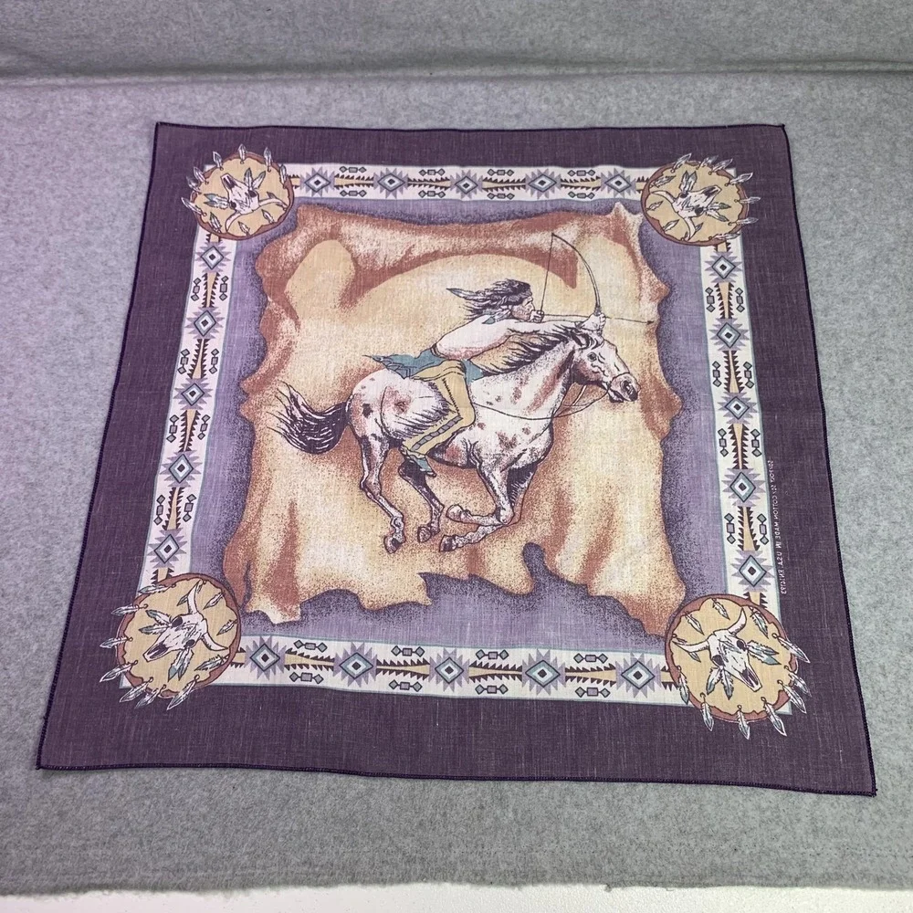 VTG Western Cowboy Horse Bandana Scarf Mens OS 21x21 Brown Native Print Made USA
